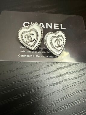 CHANEL White and Silver Heart CC Crystal Stud Earrings